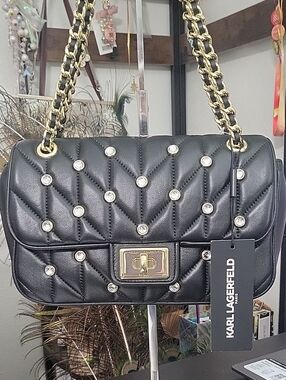 Karl Lagerfeld Black Quilted Shoulder Bag with Gold Chain and Crystal Accents